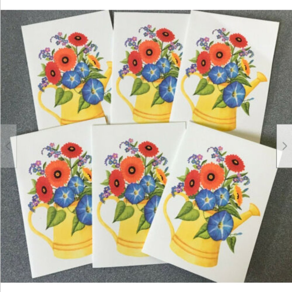 6 Vtg Unused Rust Craft Note Cards Flowers in Watering Can Blank Greeting Floral